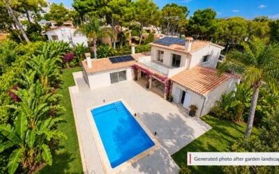 Villa in El Toro - Port Adriano - Mallorca villa garden and pool caption.jpg