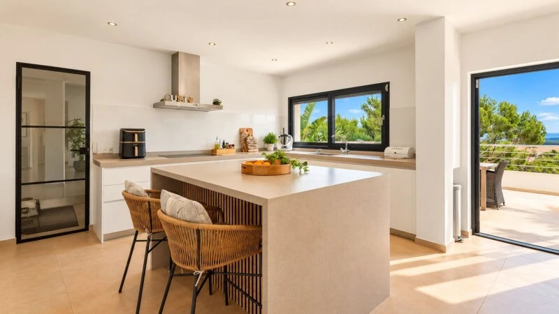 Villa in El Toro - Port Adriano - Sunlit Modern Kitchen with Terrace Views.jpg
